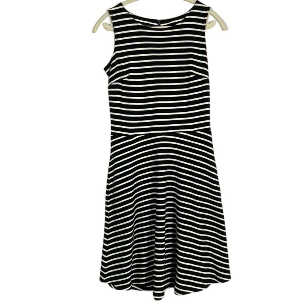 Talbots Fit & Flare Knit Dress - Stripe, Navy Blue & White, Petite Small, Pocket